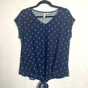 Tacera Navy Anchor Print Tie Front V Neck Cap Sleeve Top Womens Size Small